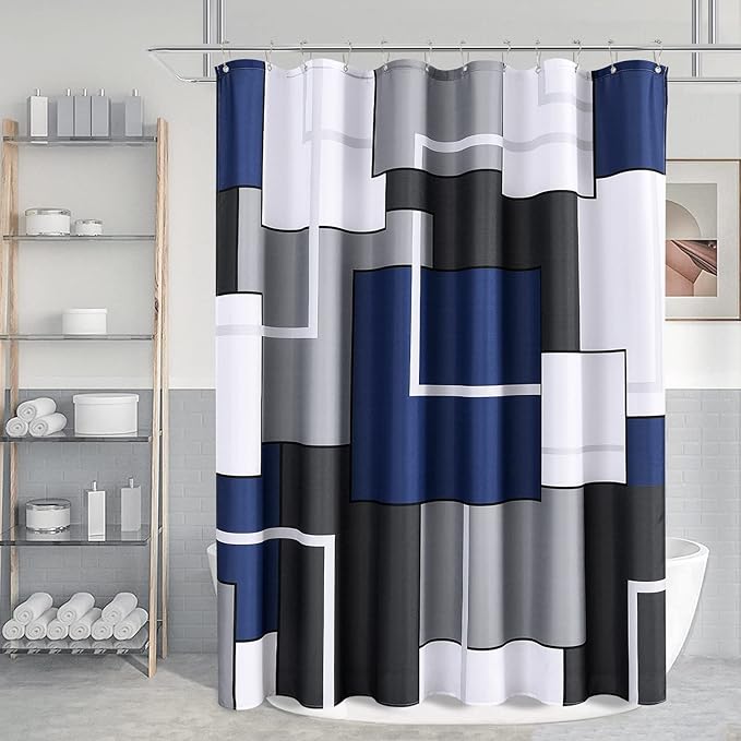 Blue Shower Curtain Set with Hooks Blue and White Morden Shower Curtains for Bathroom Fabric Grey Abstract Geometric Bath Curtains Decorative Gray 72x72