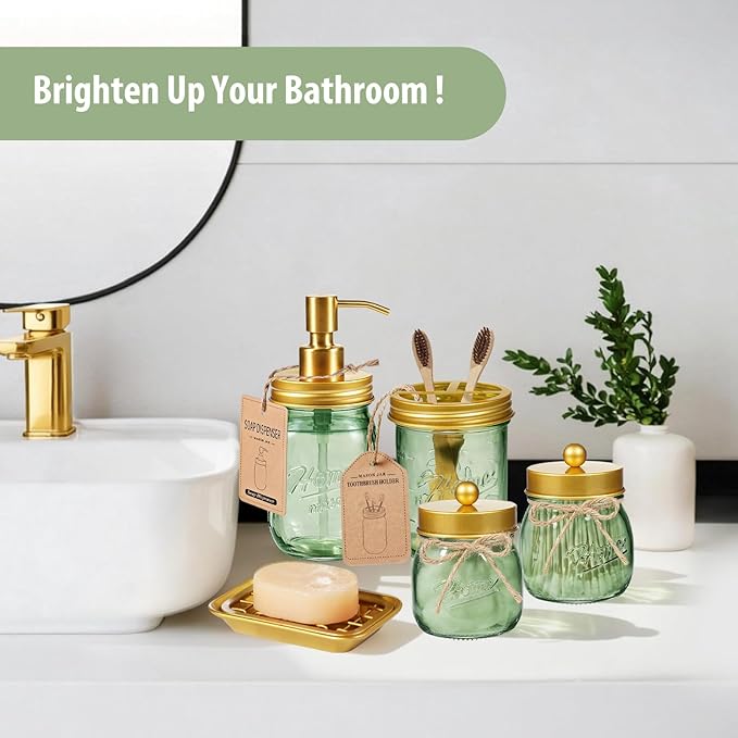 SheeChung Green Bathroom Accessories Set, 6Pcs Mason Jar Glass Bathroom Set, Lotion Soap Dispenser, Toothbrush Holder, Qtip Holder, Soap Dish, Metal Wire Basket, Rustic Farmhouse Bathroom Decor-Gold