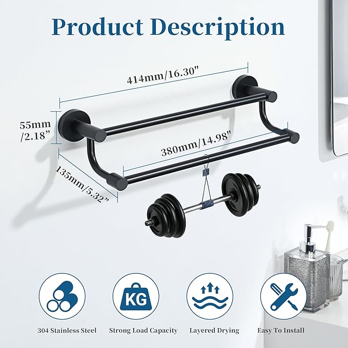 Alise Double Towel Bars,16 Inch Towel Rack for Bathroom, Wall Mount Towel Holder, Quick Drying Towel Hanger SUS304 Stainless Steel Towel Rail, Matte Black, GOY4400-B