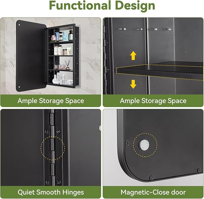 17 x 27 Bathroom Medicine Cabinet with Mirror Metal Frame Recessed Or Wall Mounted Single Door Storage Medicine Cabinets with Adjustable Shelves Rounded Corner Beveled Mirrors