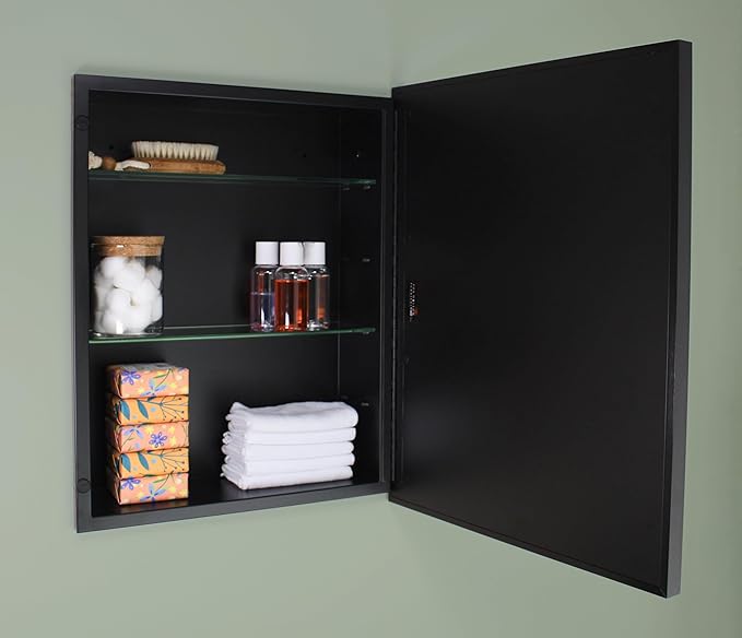 Fox Hollow Furnishings 16x20 Parker Metro Metal Framed Rectangle Recessed Bathroom Medicine Cabinet, Floating Mirror, 14x18 in-Wall Opening, Steel, Adjustable Glass Shelves, Magnet Close, Black
