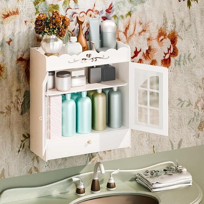 Wall-Mounted Bathroom Cabinet, Punch-Free Bathroom Storage Organizer with Hollow Flower Carving, Bathroom Wall Shelf Bathroom Storage Cabinet with 2 Doors & Drawer, Ideal for Cosmetics Toile