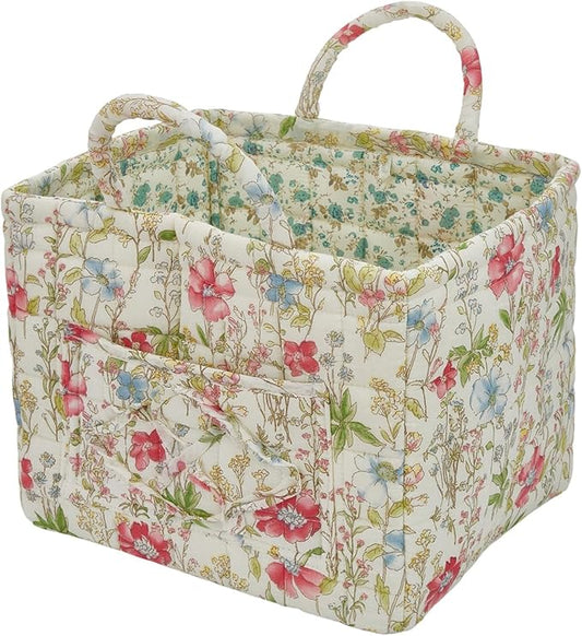 Quilted Laundry Basket with Handles, Aesthetic Collapsible Fabric Storage Basket for Clothes, Diapers & Toys - Multi-Purpose Boho Organizer Tote for Car, Home & Picnic (F)
