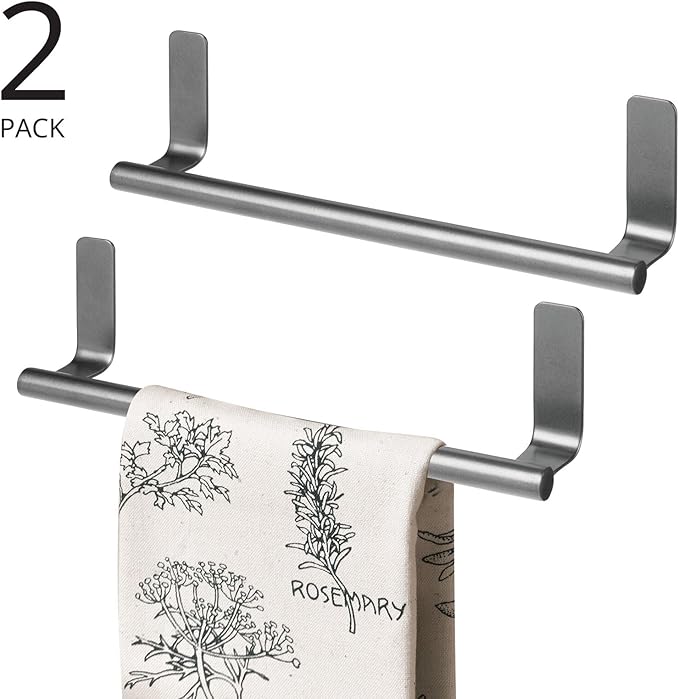 mDesign Steel Wall-Mounted Towel Rack Storage Holder - Self-Adhesive Space Saving Bar for Kitchen, Holds Hand and Dish Towels, Stick on Doors, Cabinet, Cupboard, Omni Collection, 2 Pack, Graphite Gray
