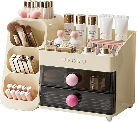 Makeup Organizer for Vanity with Brush Holder, Countertop Skincare Organizer with 2 Drawers, Spacious Cosmetic Display Case for Perfumes, Eyeshadow Palettes, Nail Polishes