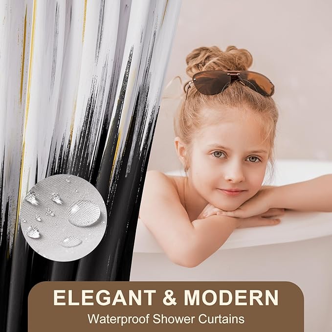 XLHOMO Black Bathroom Accessories Set - 24PCS Bathroom Sets with Shower Curtain and Rugs,Waterproof Black and White Shower Curtain Set, Toilet Brush, Trash Can & Soap Dispenser