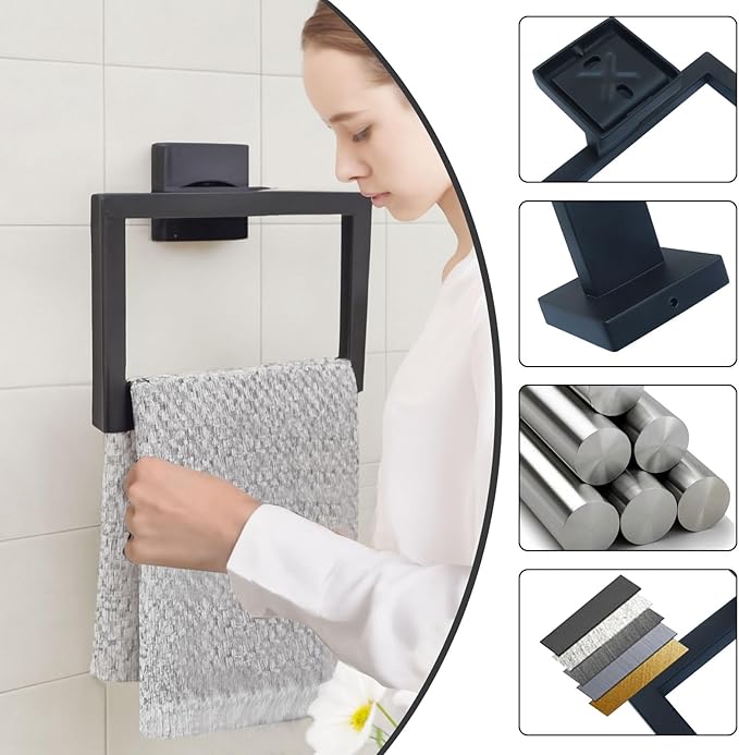 Matte Black Towel Ring - Premium Stainless Steel Bathroom Accessory, Sleek Square Design Hand Towel Holder, Durable Wall-Mounted Towel Hanger for Contemporary Bathroom, 2 Pcs