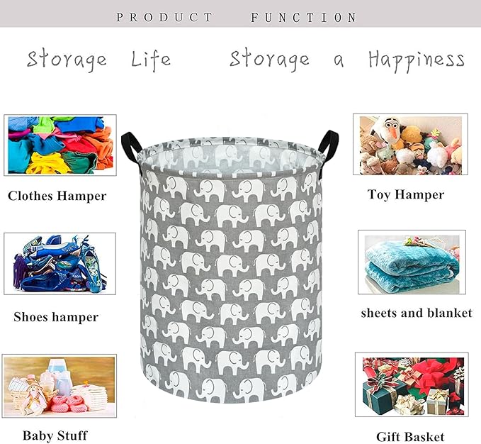 KUNRO Round Laundry Gift Basket Storage Hamper, Clothes Storage Organizer Bins, Shelf Basket with Handles for Room Decor (Elephant)