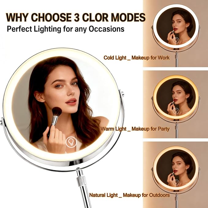 Makeup Mirror with Lights and Magnification, Electric Lighted Standing Mirror with 10x Magnification, Magnifying Mirror with Light for the Bathroom, 360° Rotation & Height Adjustable