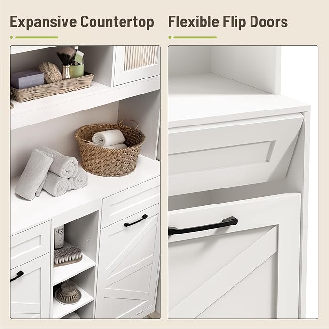 Tall Tilt-Out Double Laundry Hamper Cabinet with 2x11-Gallon Hidden Laundry Basket, Tilt Out Trash Bin Cabinet with Fluted Glass Doors, Farmhouse Wooden Bathroom Storage with Push Doors, White