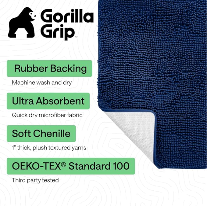 GORILLA GRIP Bath Rug Mat 60x24, Thick Soft Absorbent Chenille, Quick Dry Microfiber Mats, Rubber Backing Machine Washable Shower Floor Rugs, Bathmat Runner, Bathroom Home Decor Accessories Royal Blue