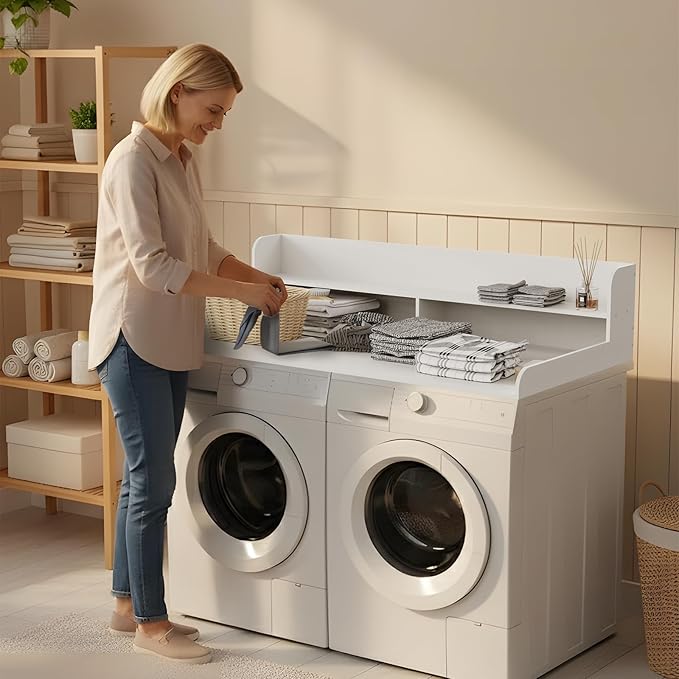 Fabuday 2-Tier Wood Washer Dryer Countertop with Shelf - Two Layers Laundry Topper for Storage & Organization, 54''x27.5''x11.9'' Counter Table with Edge Over Washing & Dryer, Crisp White