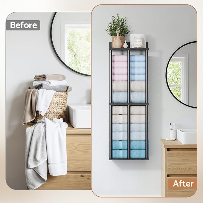 Bathroom Towel Storage, Black Bathroom Towel Holder, Wall Mounted Towels Racks Shelf Towels Organizer for Rolled Towels, 34inch Modern Storage Rack Organizer for RV
