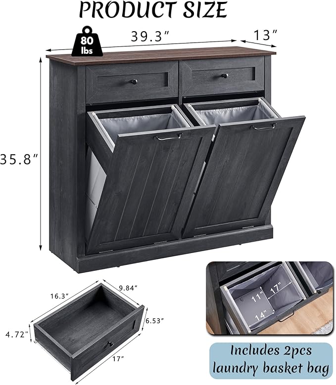 IFBUY Double Tilt Out Laundry Hamper Cabinet, 20 Gallon Farmhouse Trash Can Cabinet with Drawer, Hidden Wood Garbage Can Bin Cabinet with Laundry Storage Basket for Bathroom, Kitchen, Dark Grey