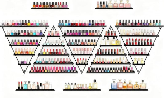 5 Tiers Triangular Nail Polish Rack for The Wall, 10PCS Metal Wall Mounted Display Shelves for Lipstick, Perfume, Home Spa, Salon Shop