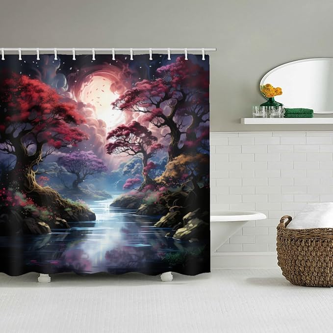 Shower Curtains, with Forest and River Themed Bright Colors, Brings A Unique Artistic Atmosphere to The Bathroom. The 59x72 Inch Fabric Shower Curtain Comes with 12 Hooks.