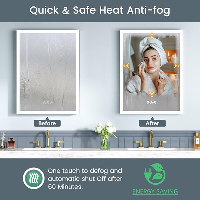 24x32 Inch Medicine Cabinet with Lights, AL Alloy Frame, Plug-in or Hardwired, Recessed or Wall Mount, 3 Colors/Dimmable/Interior Sensor Light/Defog,2 Outlets & USBs,3 Shelves (Right Hinge)