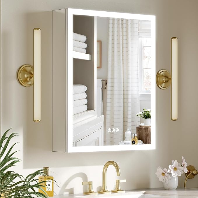 24x30 Inch Lighted Medicine Cabinet with Mirror, AL Alloy Frame, Plug-in or Hardwired, Recessed or Surface Mount, 3 Colors/Dimmable/Interior Sensor Light/Defog, 2 Outlets & USBs, 2 Shelves