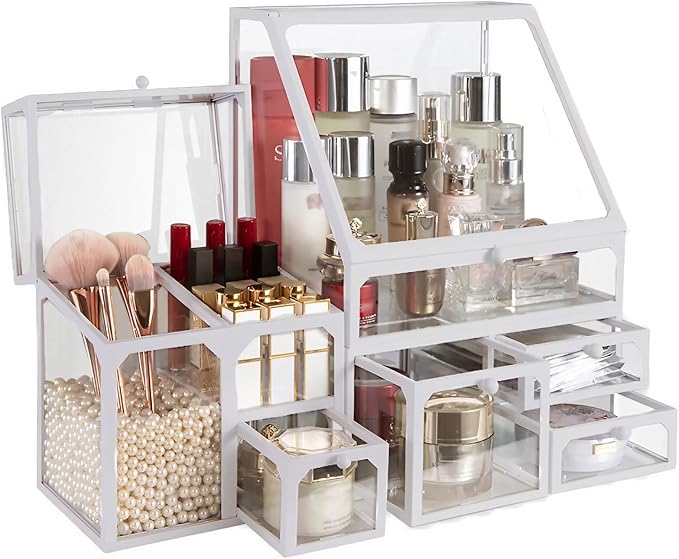 Glass Makeup Organizer Multi-Functional with Pearl Makeup Organizer with Drawers for Bathroom Vanity Organizer Skincare Lipstick Brushes