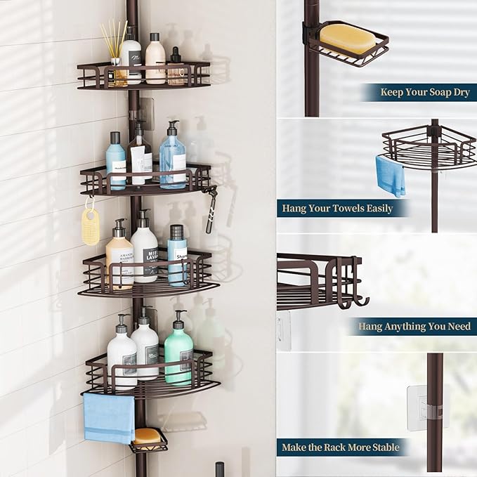 Consumest Corner Shower Caddy Tension Pole - Rustproof Shower Shelves with Towel Bar & Soap Holder, Adjustable Bath Organizer for Bathroom Storage, 27.6-108.3 inch, Bronze