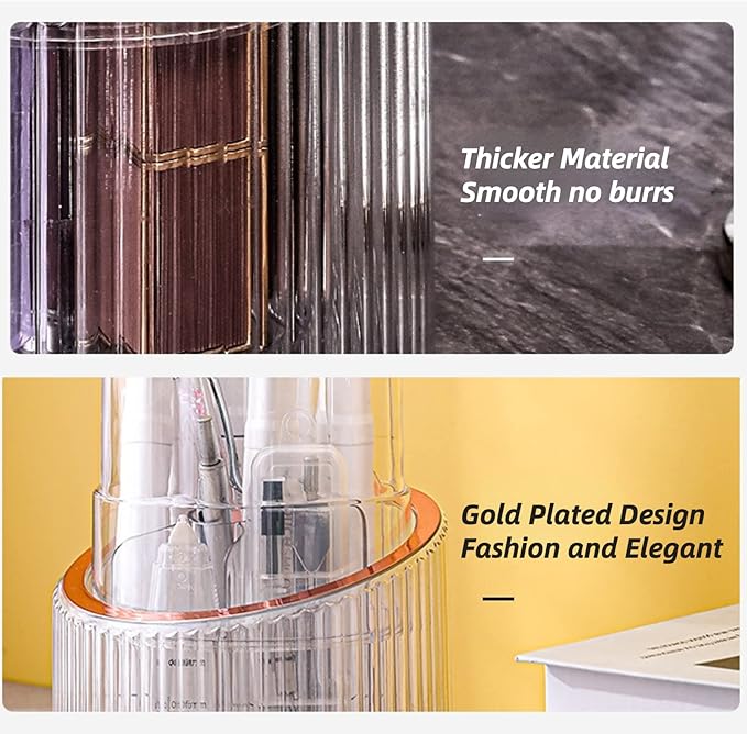 Makeup Brush Organizer, 360° Rotating Makeup Organizer with Lid, Dustproof Cosmetic Brush Holder for Vanity, Cosmetic Storage Box for Desk Bathroom Countertop (Golden)