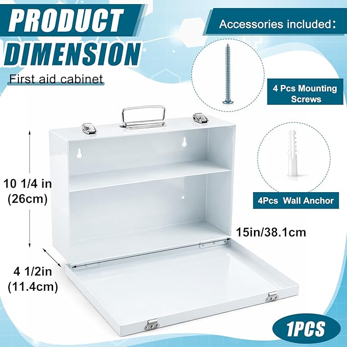 Zonon 1 Pcs Industrial Empty Medicine Cabinet 15" W x 10-1/4" H x 4-1/2" D, Large Capacity Metal First Aid Cabinet with Fold Down Door, 2 Shelves Medicine Organizer for Medication for Bathroom, White