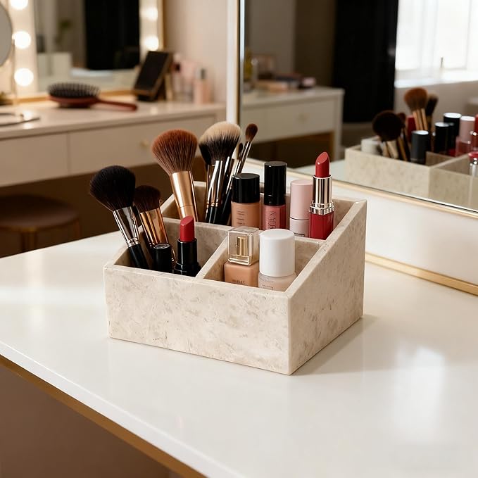 Marble Desk Organizer with 3 Compartments, White and Purple Pattern, Modern Design (Beige)