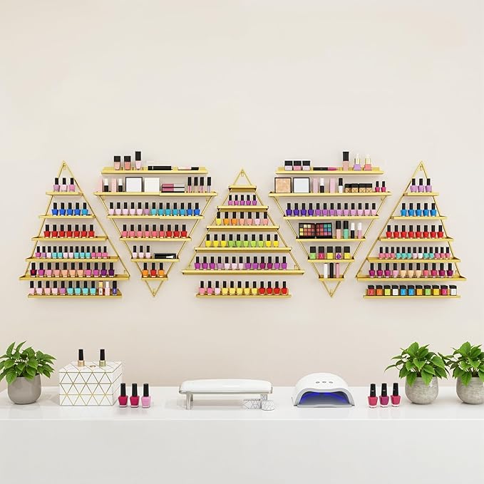 5 Pack Nail Polish Organizer Shelf Wall Mounted 5 Tiers Nail Polish Display Rack Shelves for Salon, Beauty Shop & Home Organization (Gold)