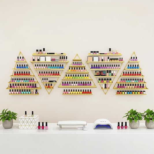 5 Pack Nail Polish Organizer Shelf Wall Mounted 5 Tiers Nail Polish Display Rack Shelves for Salon, Beauty Shop & Home Organization (Gold)