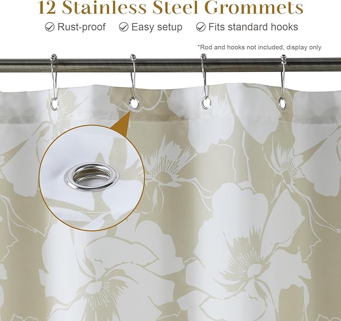 Floral Fabric Shower Curtains for Bathroom, Cream Beige Tan Flower Shower Curtain, Waterproof Washable Decorative Bathroom Curtains, 72" W x 72" H