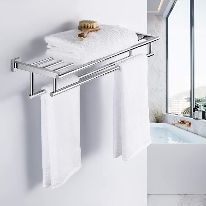 KES Large Towel Rack, Towel Shelf with Two Bar (29.37Inch Stainless Steel) Shower Organizer Modern Square Style Wall Mount Polished Finish, A2112S75
