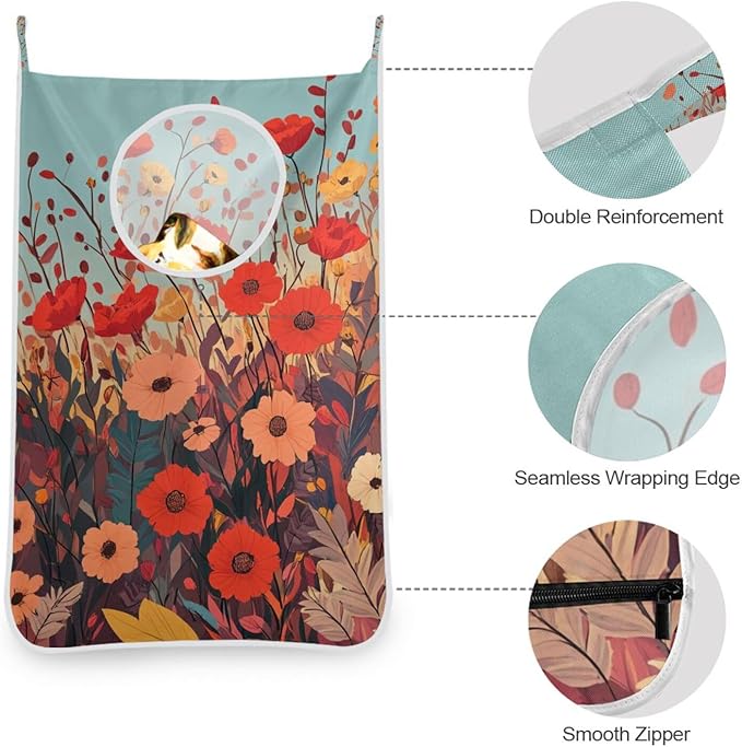 Autumn Poppy Flowers Door Hanging Laundry Hamper Bag with Free Adjustable Stainless Steel Hooks Dirty Clothes Hamper Extra Large Over the Door Laundry Hamper 29.5X20inch 1PC
