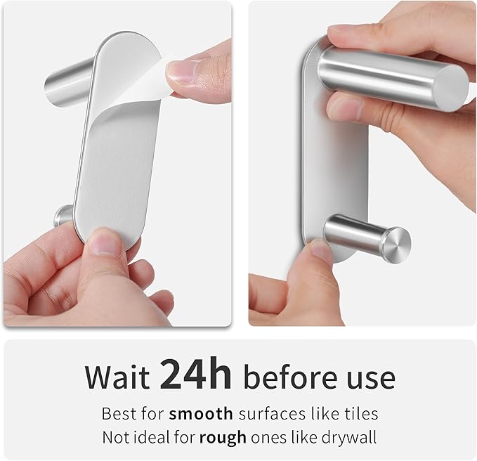 24 Inch Adhesive Towel Bar - Stainless Steel Stick on Towel Rack for Bathroom, No Drilling Towel Holder with 2 Hooks, Brushed Nickel