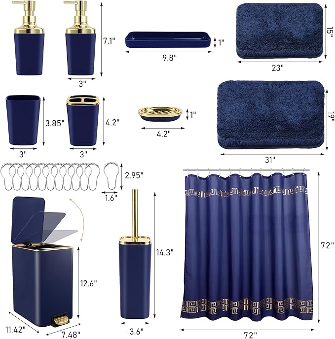 XLHOMO Bathroom Sets with Shower Curtain and Rugs Bathroom Accessories Set Navy Blue Bathroom Set,Soap Dispenser & Toilet Brush Holder Set with Stainless Steel Trash Can