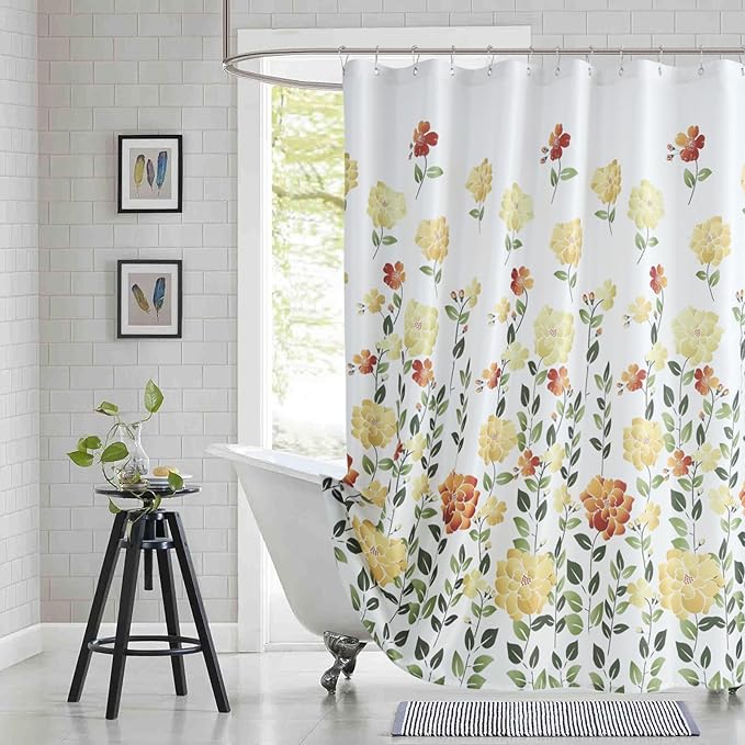 Extra Long Fabric Shower Curtain, Yellow Orange Green Floral Flower Shower Curtains for Bathroom, Waterproof Bathroom Curtains, 72" W x 84" H