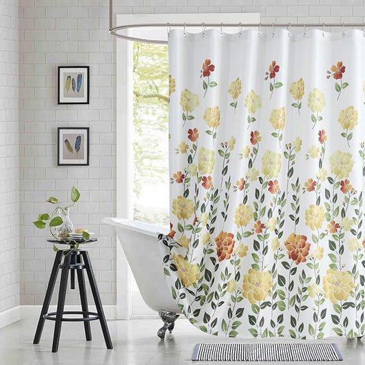 Extra Long Fabric Shower Curtain, Yellow Orange Green Floral Flower Shower Curtains for Bathroom, Waterproof Bathroom Curtains, 72" W x 84" H