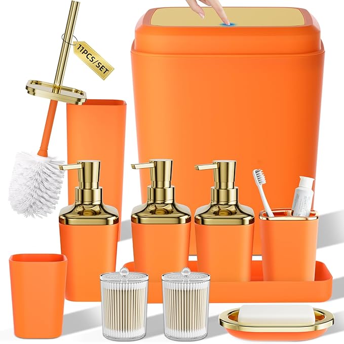 Bathroom Set — Orange Bathroom Accessories Set, 11PC Bathroom Accessory Set, Orange Bathroom Set with Push-lid Trash Can, 3PC Soap Dispensers, Toilet Brush & Qtip Holders