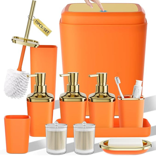 Bathroom Set — Orange Bathroom Accessories Set, 11PC Bathroom Accessory Set, Orange Bathroom Set with Push-lid Trash Can, 3PC Soap Dispensers, Toilet Brush & Qtip Holders