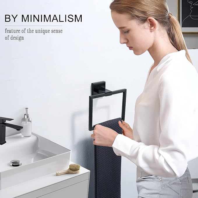 TQKAG Matte Black Towel Ring Bathroom Hand Towel Holder Stainless Steel Square Towel Hangers Wall Mounted
