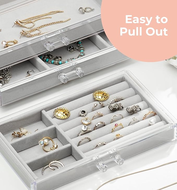 DOZZZ Acrylic Jewelry Organizer Box with 3 Drawers, Clear Earring Storage Display Case Holder with Adjustable Velvet Trays for Rings Necklace Bracelet Women