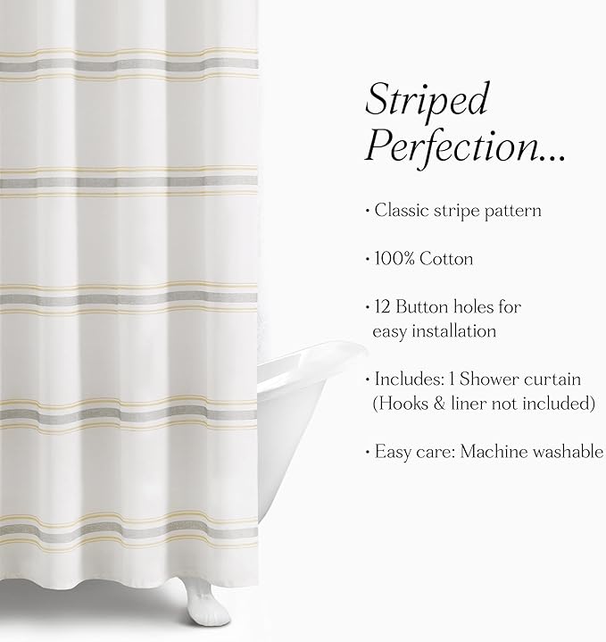 Lush Decor Farmhouse Stripe Cotton Shower Curtain, 72" W x 72" L, Yellow & Gray - Striped Bathroom Curtain - Fabric Shower Curtains - Farmhouse Bathroom Decor