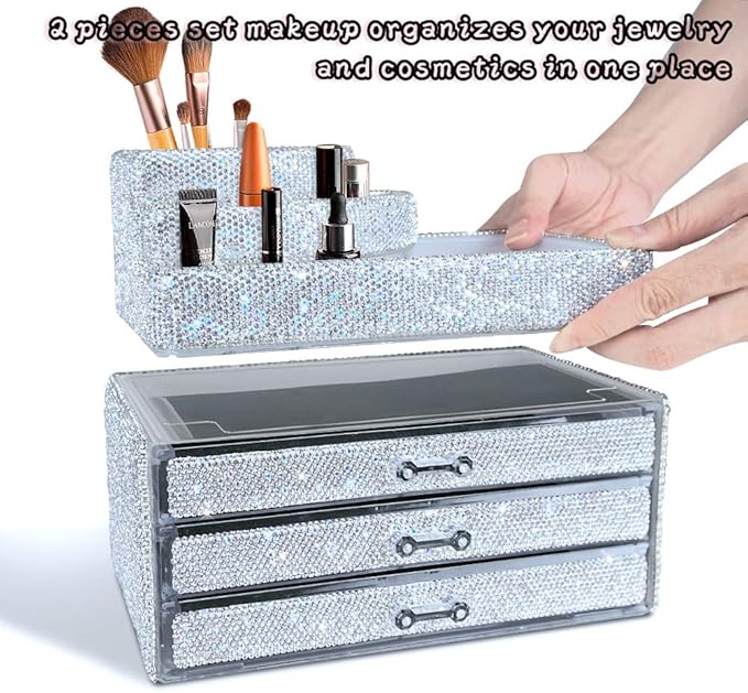 KEYPOWER Makeup Organizers Drawer Bling Diamond,Countertop Jewelry Cosmetic Storage Display Boxes,Makeup Brush Holder,2 Pieces Set(Purely Handmade)(White)