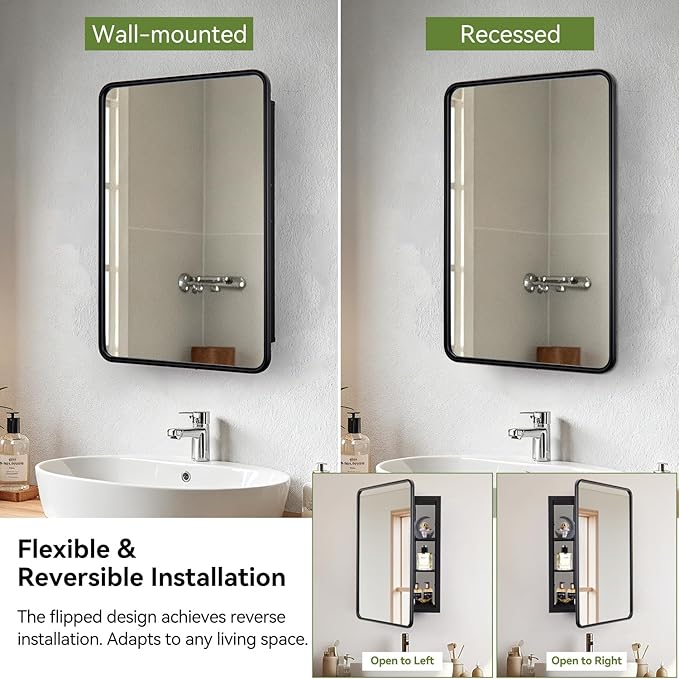 16 x 24 Black Bathroom Medicine Cabinet with Mirror Metal Frame Recessed Or Wall Mounted Single Door Storage Medicine Cabinets with Adjustable Shelves Rounded Corner Beveled Mirrors