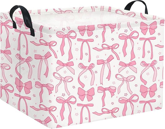 Rectangular Kids Storage Basket for Home Kitchen Girls Cute Storage Bin Organizer Shelf Book Room Decor(Pink Bowknot)