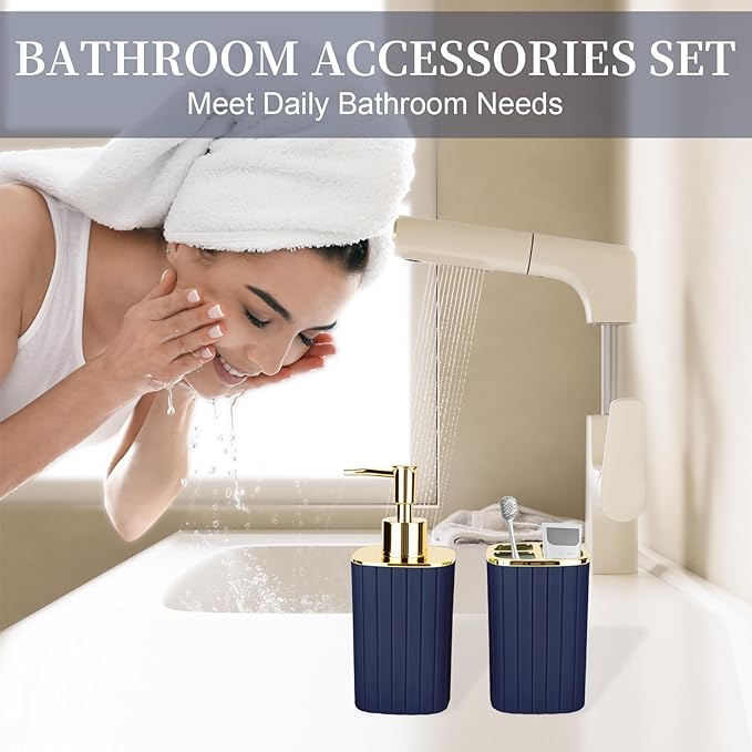2PCS Bathroom Accessories Set, Navy Blue Bathroom Accessories Include Soap Dispenser and Toothbrush Holder for Boho Bathroom Decor