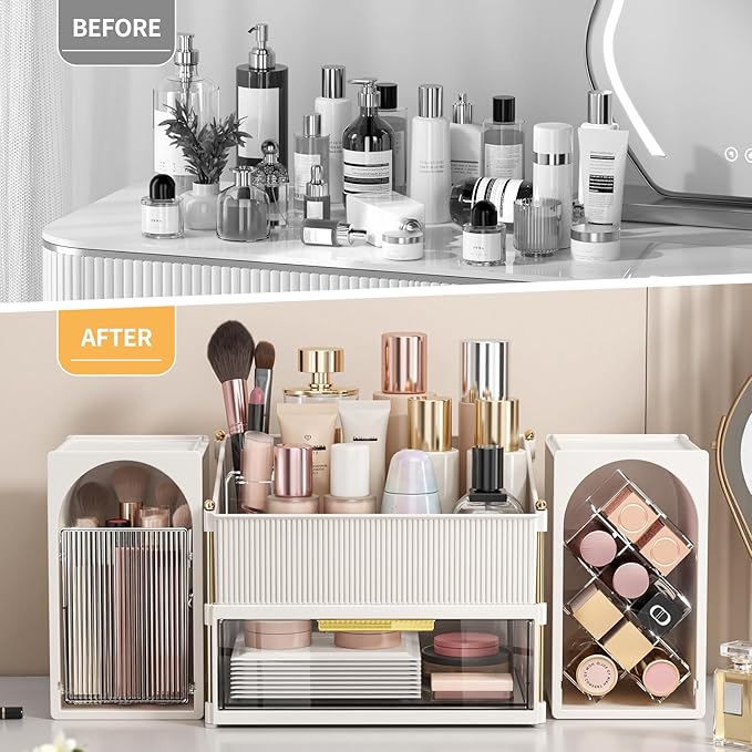 Seoneiro Makeup Organizer with Drawers, Cosmetic Storage for Dresser Countertop and Bathroom Vanity, Beauty Holder for Lipstick Brush Skincare Display case (Milky White + Transparent)