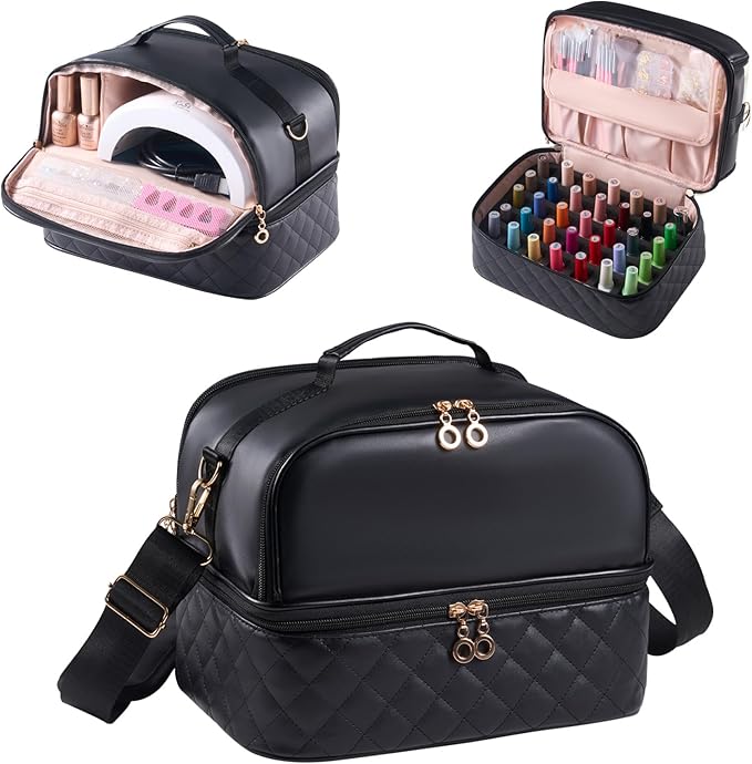 CTWWFS Nail Polish Organizer Holds 35 Bottles & Nail Lamp, Nail Organizers and Storage, Double Layer Nail Bag with Handle & Shoulder Strap for Travel, Nail Supplies Organizer for Manicure Kit (Black)