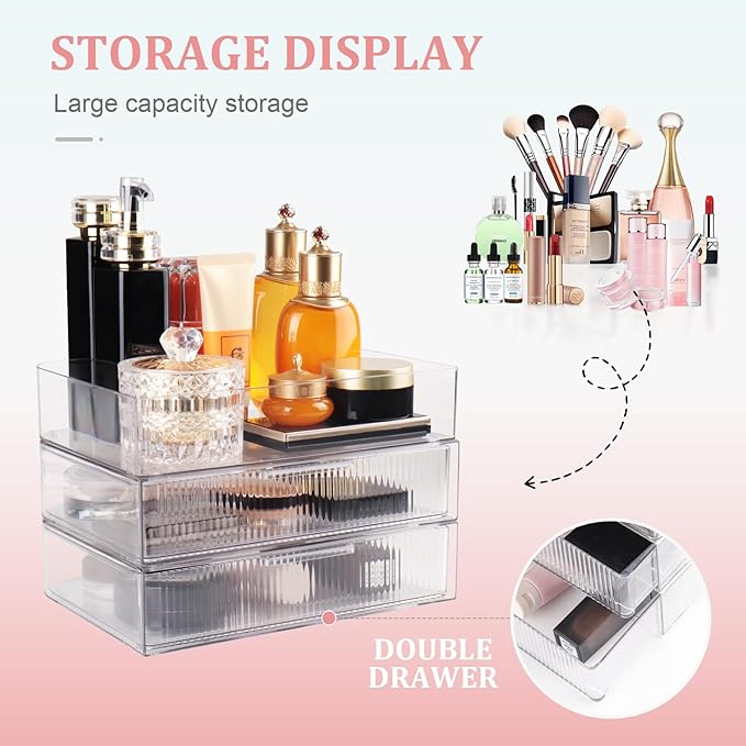 3 Tier Clear Makeup Organizer Countertop with Drawers, Stackable Cosmetics Organizer and Storage for Bathroom Vanity (Stripe Small)