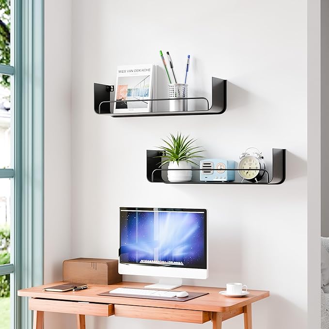 Black Metal Shelf, Modern Floating Bathroom Shelf With Guardrail, Upgrade U-Shaped Wall Mounted Metal Shelves for Kitchen, Living Room, Bedroom, Set 0f 2 Shelves for Home Storage and Organizer