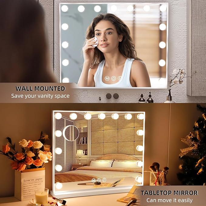 Hansong Vanity Mirror with Lights: Hollywood Lighted Makeup Mirror with 15 LED Bulbs, 22.8''x18'' Light Up Mirror with 3 Colors Modes for Desk, Large Mirrors with USB Charging Port for Bedroom, White